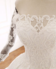 Wedding Dresses Classic Elegant, White Lace Satin Long Wedding Dress, Lace Satin Long Bridal Gown