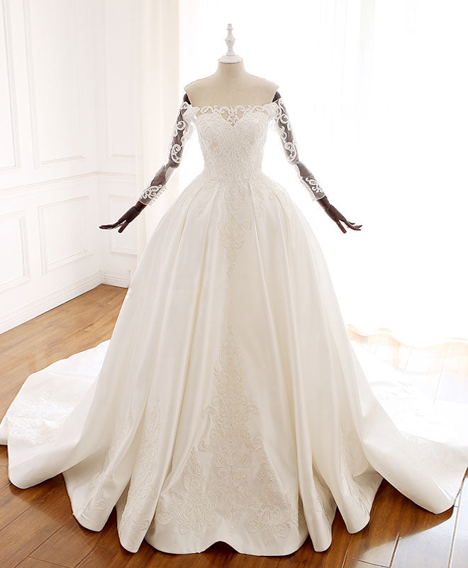 Wedding Dress Lace A Line, White Lace Satin Long Wedding Dress, Lace Satin Long Bridal Gown