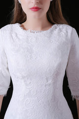 Wedding Dresses No Sleeves, White Lace Sleeves Button Back Mermaid Wedding Dresses