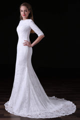 Wedding Dress Elegent, White Lace Sleeves Button Back Mermaid Wedding Dresses