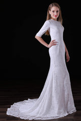 Wedding Dresses Elegent, White Lace Sleeves Button Back Mermaid Wedding Dresses
