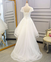 Wedding Dresses Vintage, White Lace Tulle High Low Long Wedding Dress, Bridal Dress