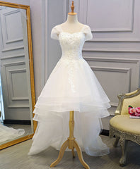 Wedding Dresses Flowers, White Lace Tulle High Low Long Wedding Dress, Bridal Dress