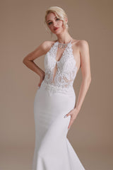 Wedding Dress Classy, White Mermaid Halter Backless Sweep Train Wedding Dresses with Lace