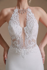 Wedding Dresses Classy, White Mermaid Halter Backless Sweep Train Wedding Dresses with Lace