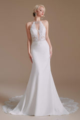 Wedding Dresses Costs, White Mermaid Halter Backless Sweep Train Wedding Dresses with Lace