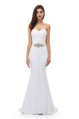Wedding Dress Strapless, White Mermaid Lace Sweetheart Pleats Belt Wedding Dresses