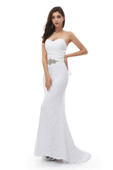 Wedding Dress With Covered Back, White Mermaid Lace Sweetheart Pleats Belt Wedding Dresses