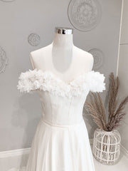 Wedding Dress With Pocket, White Off Shoulder Flowers Long Wedding Dress, White Beach Wedding Dress