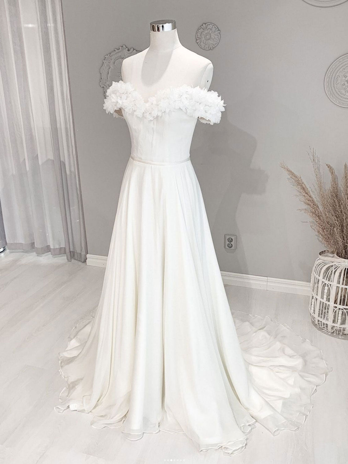 Wedding Dresses With Pocket, White Off Shoulder Flowers Long Wedding Dress, White Beach Wedding Dress