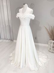 Wedding Dresses With Pocket, White Off Shoulder Flowers Long Wedding Dress, White Beach Wedding Dress