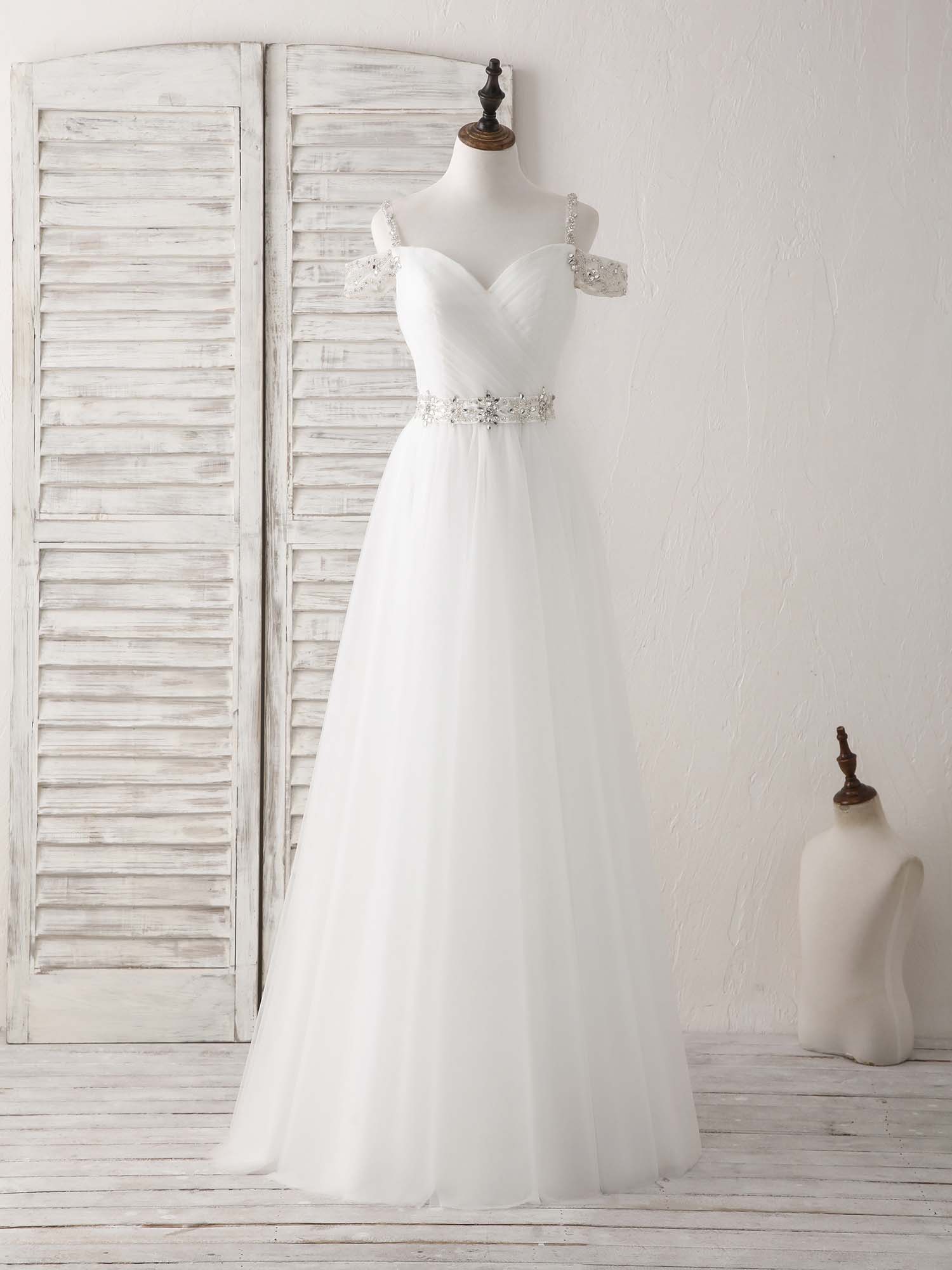 Engagement Photo, White Off Shoulder Tulle Beads Long Prom Dress White Evening Dress