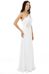 Party Dress Look, White One Shoulder Chiffon Pleats Beading Bridesmaid Dresses