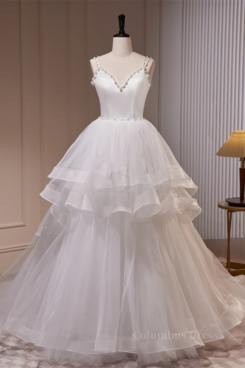 Wedding Dress Inspiration, White Pearl Beaded Double Straps Ruffle-Layers Long Wedding Dress