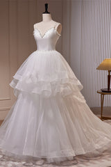 Wedding Dress With Sleeves, White Pearl Beaded Double Straps Ruffle-Layers Long Wedding Dress