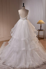 Wedding Dresses Simple, White Pearl Beaded Double Straps Ruffle-Layers Long Wedding Dress