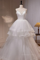 Wedding Dress Simple, White Pearl Beaded Double Straps Ruffle-Layers Long Wedding Dress