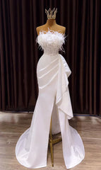 فستان الحفلة الراقصة الأبيض، فساتين الزفاف البيضاء ذات الشق الطويل حورية البحر