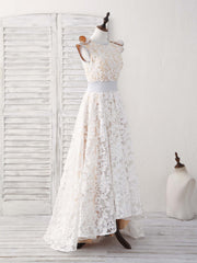 Bridesmaids Dresses Strapless, White Round Neck Lace High Low Prom Dress White Bridesmaid Dress
