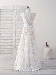 Garden Wedding, White Round Neck Lace High Low Prom Dress White Bridesmaid Dress