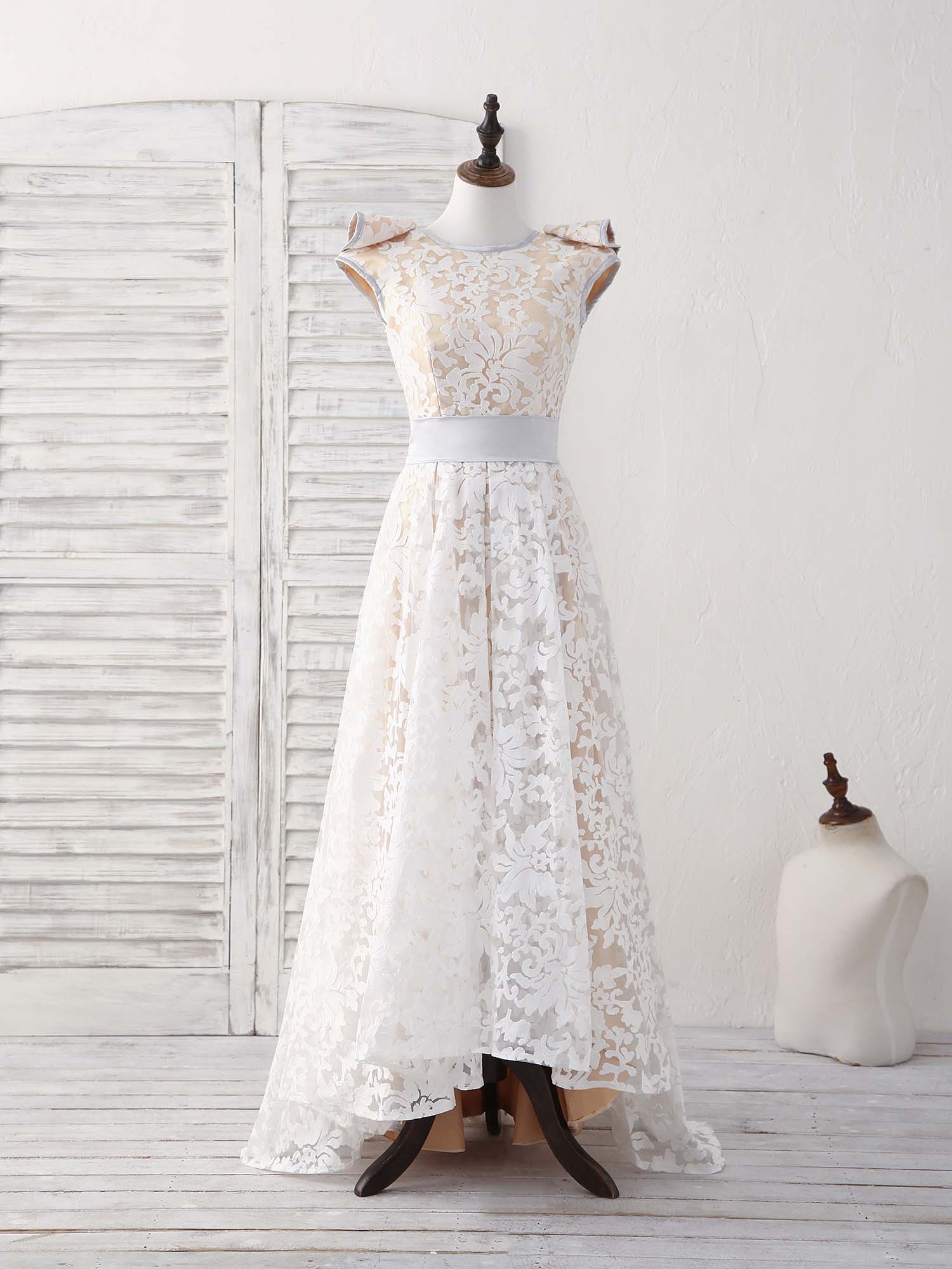 Bridesmaid Dress Strapless, White Round Neck Lace High Low Prom Dress White Bridesmaid Dress