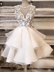 Prom Dress Boutiques Near Me, White round neck tulle lace short prom dress, white homecoming dress