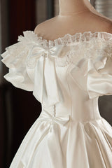Wedding Dresses Sleeve Lace, White Satin Lace Off Shoulder Prom Dress, White Evening Dress, Wedding Dress