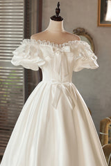 Wedding Dresses Sleeves Lace, White Satin Lace Off Shoulder Prom Dress, White Evening Dress, Wedding Dress