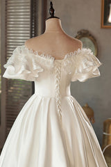 Wedding Dress Sleeve Lace, White Satin Lace Off Shoulder Prom Dress, White Evening Dress, Wedding Dress