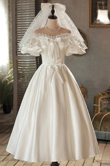 Wedding Dress Sleeves Lace, White Satin Lace Off Shoulder Prom Dress, White Evening Dress, Wedding Dress