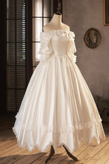 Wedding Dresses Shoulder, White Satin Lace Prom Dress, White Evening Dress, Wedding Dress