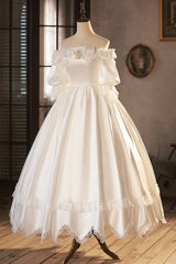 Wedding Dress Shoulders, White Satin Lace Prom Dress, White Evening Dress, Wedding Dress