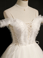Bridesmaids Dresses Summer Wedding, White Short Prom Dresses, Off Shoulder White Puffy Homecoming Dresses