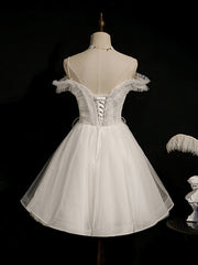 Bridesmaid Dresses Blush, White Short Prom Dresses, Off Shoulder White Puffy Homecoming Dresses