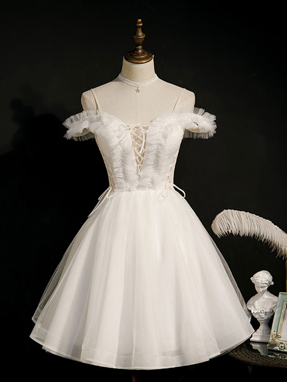Bridesmaid Dresses Summer Wedding, White Short Prom Dresses, Off Shoulder White Puffy Homecoming Dresses
