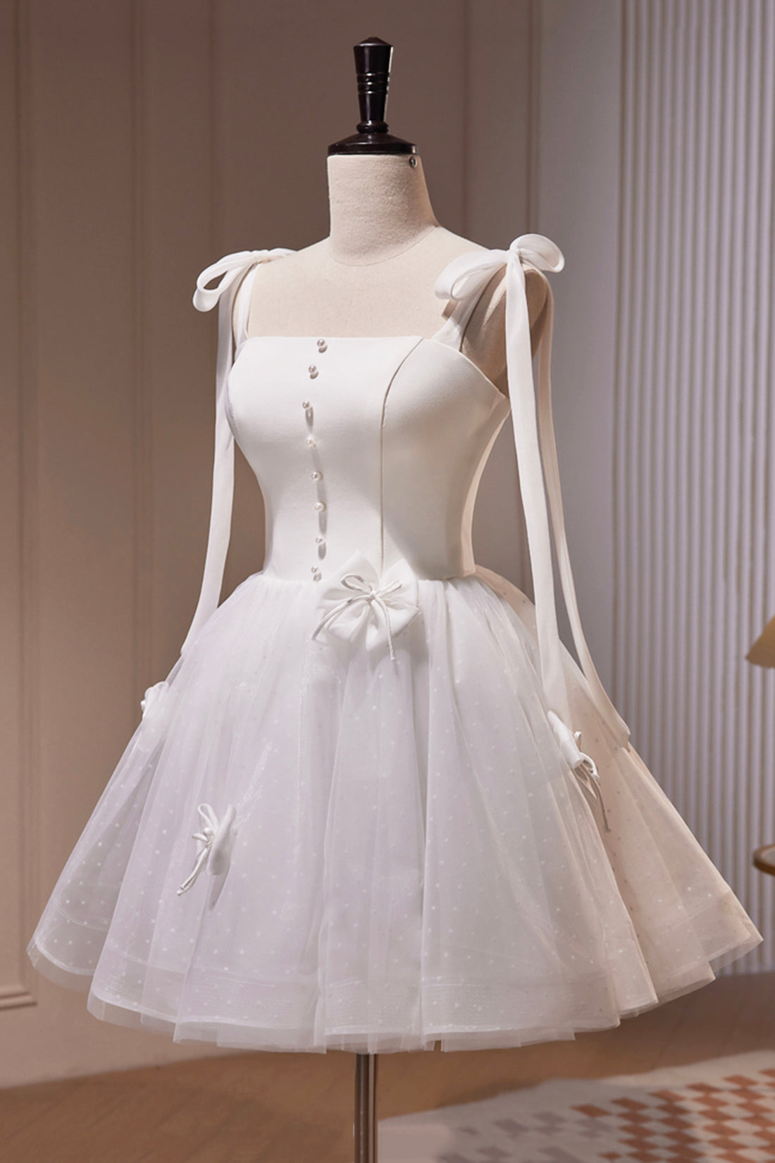 Bridesmaid Dress Long, White Spaghetti Strap Short Prom Dress, White Tulle Party Dress
