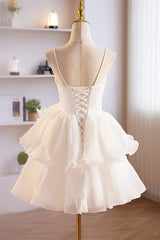 Dream, White Spaghetti Strap Tulle Short Prom Dress, White A-Line Homecoming Dress