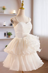 Vintage Dress, White Spaghetti Strap Tulle Short Prom Dress, White A-Line Homecoming Dress