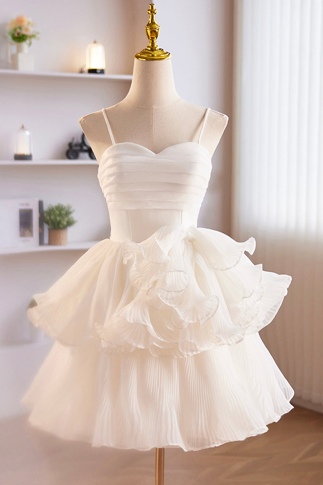 Prom Dress For Kids, White Spaghetti Strap Tulle Short Prom Dress, White A-Line Homecoming Dress