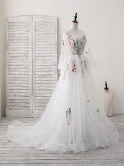 Blue Prom Dress, White Sweetheart Tulle Applique Long Prom Dress, White Evening Dress
