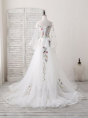 Evening Gown, White Sweetheart Tulle Applique Long Prom Dress, White Evening Dress