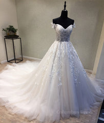 Wedding Dress Boho, White sweetheart tulle lace applique long prom dress, wedding dress