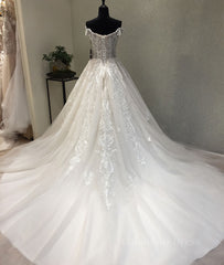 Wedding Dresses Boho, White sweetheart tulle lace applique long prom dress, wedding dress