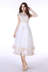 Wedding Dress Websites, White Tulle Champagne Lace Tea Length Sleeveless Wedding Dresses