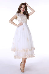 Wedding Dress Summer, White Tulle Champagne Lace Tea Length Sleeveless Wedding Dresses