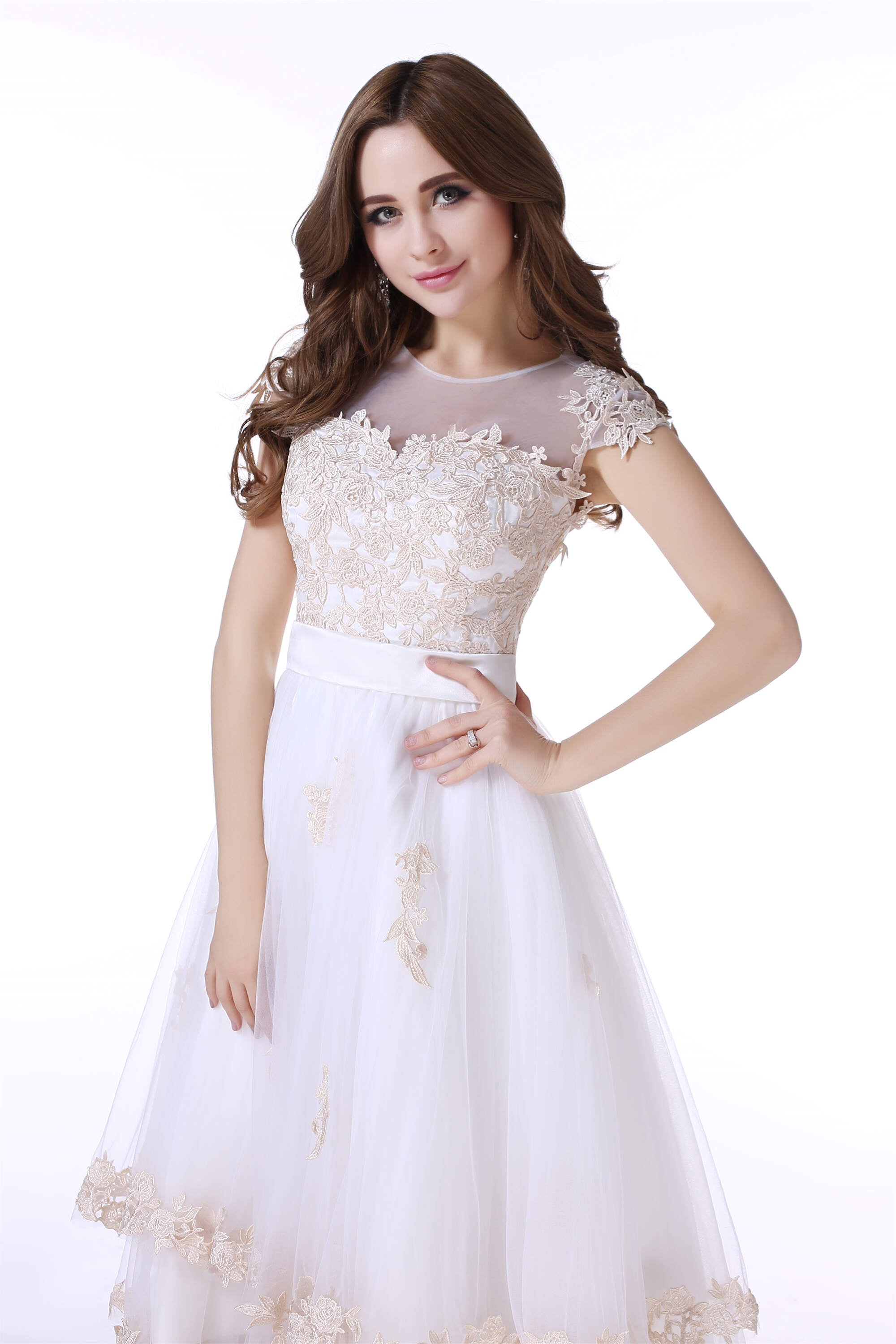 Wedding Dress Customization, White Tulle Champagne Lace Tea Length Sleeveless Wedding Dresses