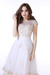 Wedding Dresses Modern, White Tulle Champagne Lace Tea Length Sleeveless Wedding Dresses