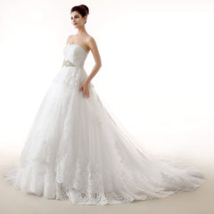 Wedding Dress Fall, White Tulle Lace Strapless With Sash Wedding Dresses