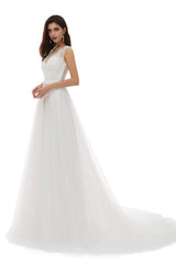 Wedding Dress Deals, White Tulle Scoop Neck Lace Appliques Beading Wedding Dresses