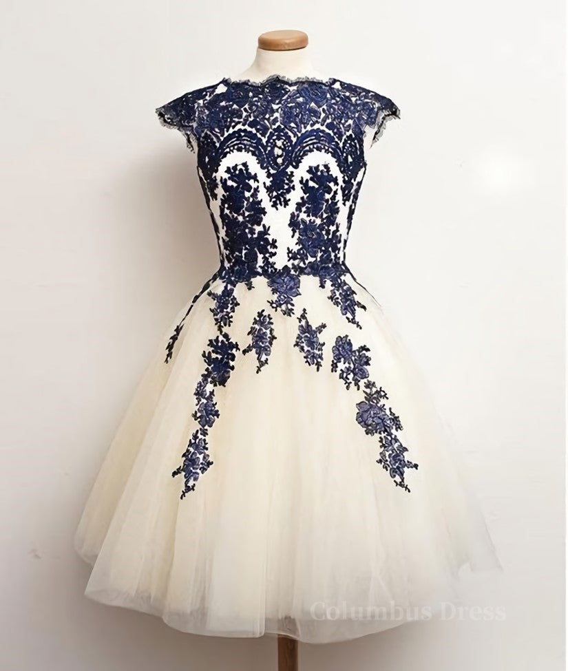 Purple Dress, White Tulle Short Navy Blue Lace  Prom Dresses, Short Blue Lace Homecoming Dresses